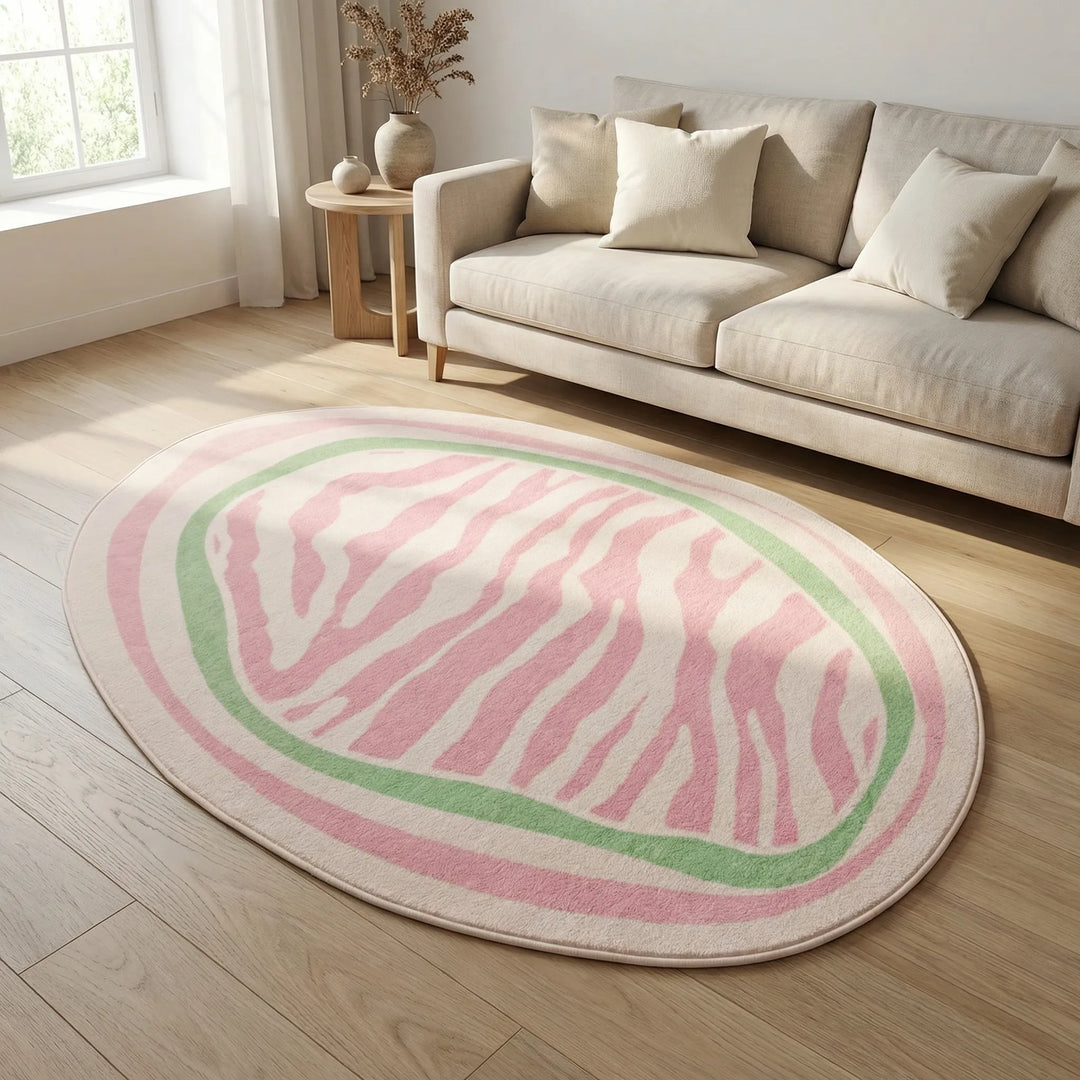 Contemporary oval striped rug, a statement piece with wavy patterns for modern living room floors.