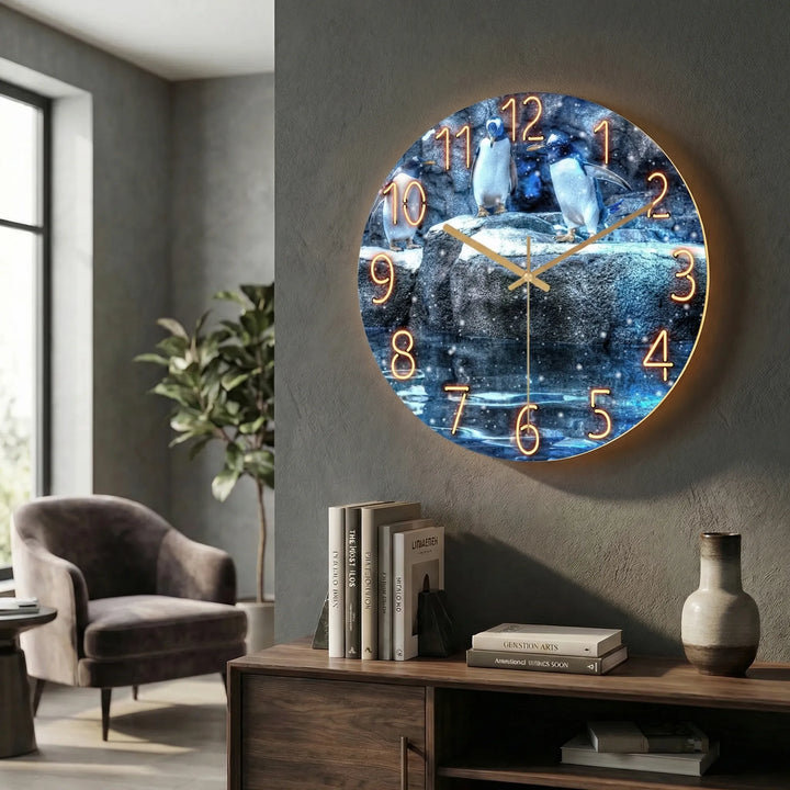 Illuminated round wall clock, a minimalist design for modern home decor.