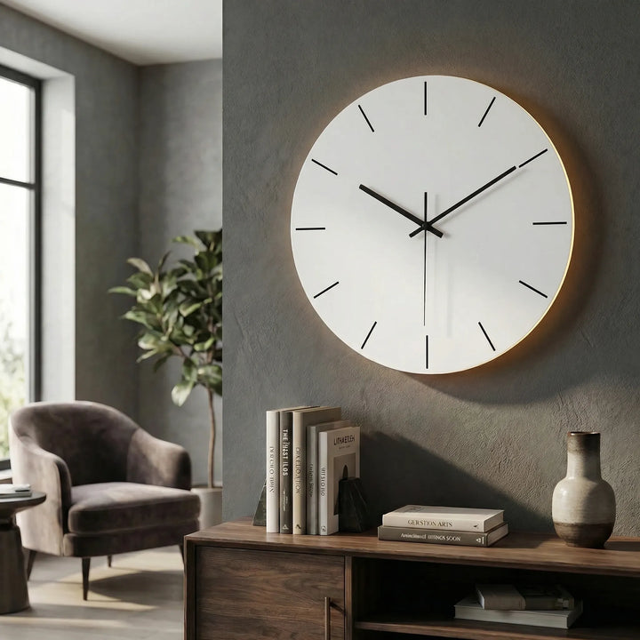 Decorative round wall clock with subtle illumination, a contemporary time display.