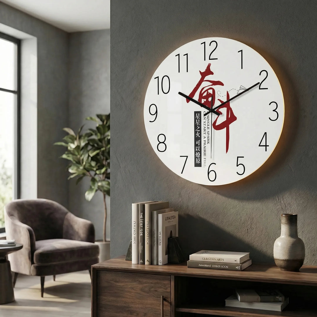 Sleek modern round clock, illuminated and silent, great for bedroom or office.