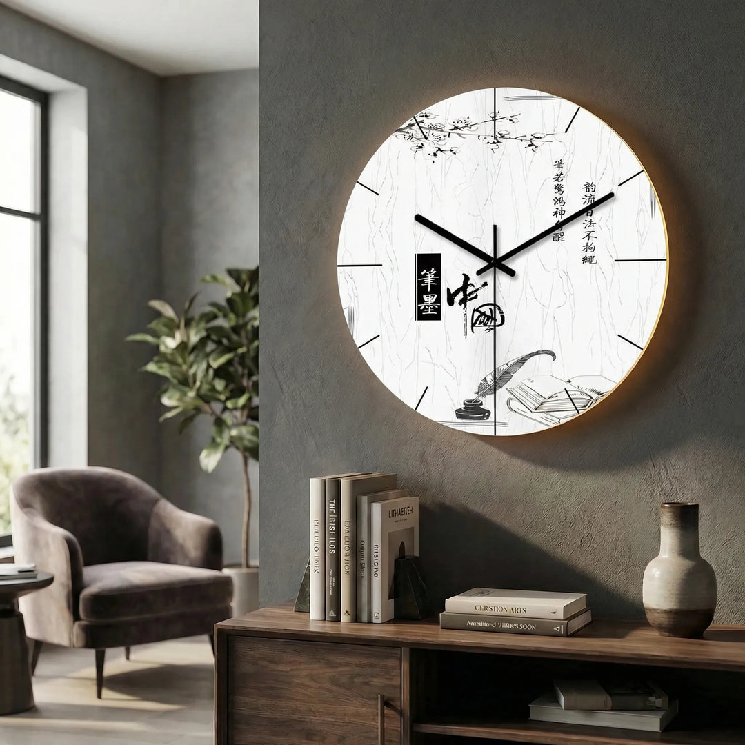 Contemporary round wall clock, battery-powered with ambient light feature.