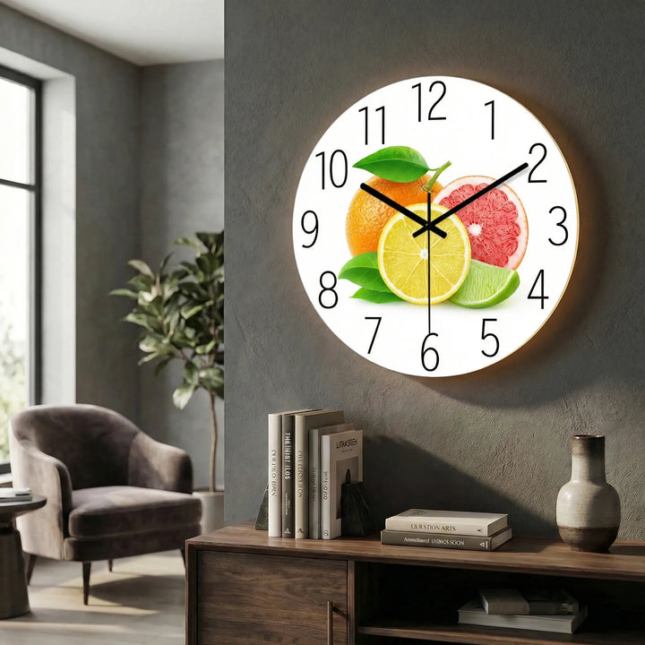 Elegant round illuminated wall clock, complementing a modern living room decor.