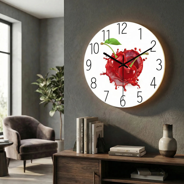 Round illuminated clock against a minimalist background, emphasizing its design.
