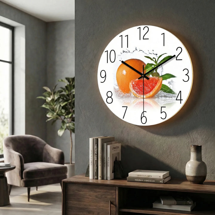 Modern round wall clock with a soft, energy-efficient illumination.