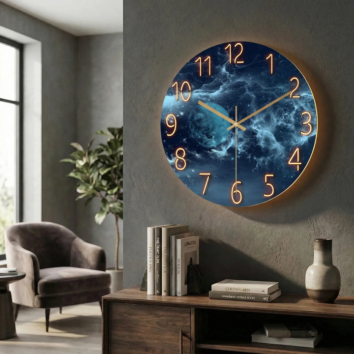 Unique round illuminated clock, a focal point in a contemporary office setting.