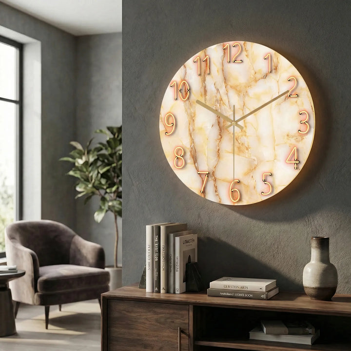 Close-up of a modern illuminated round wall clock showcasing its unique design.