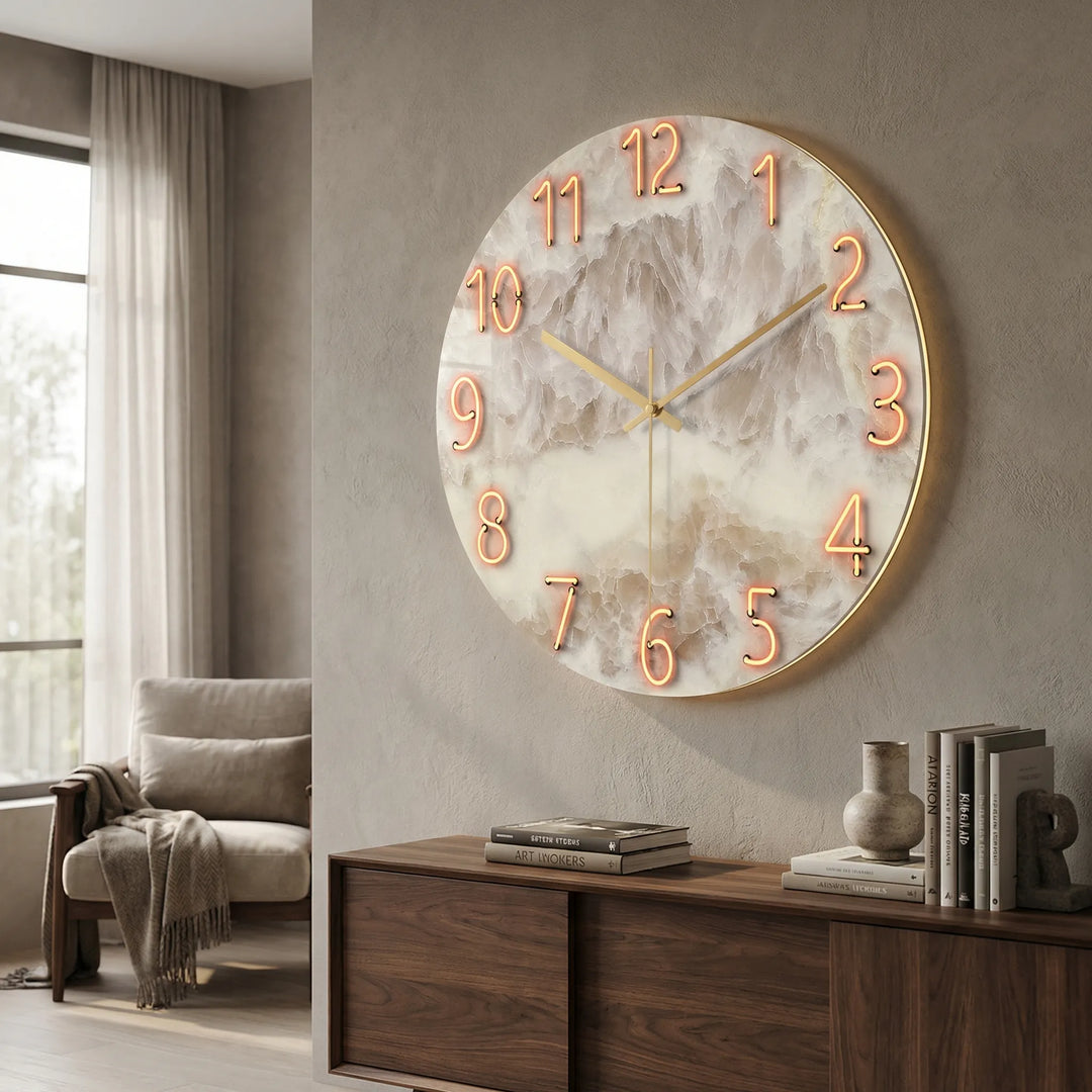 Round silent wall clock with ambient illumination, enhancing living room accent.