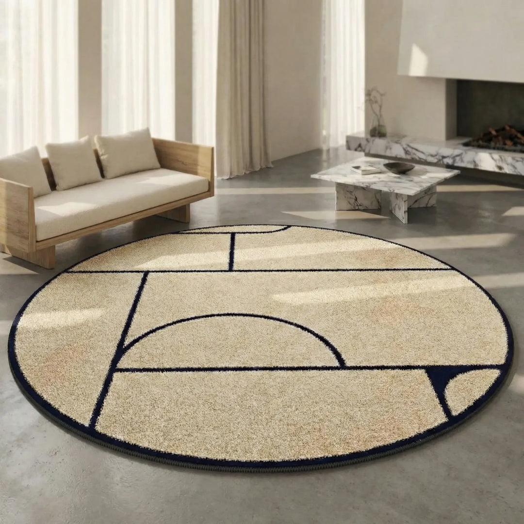 Modern round low pile area rug, Flowique wave design, washable home decor for living room, bedroom, or kitchen.