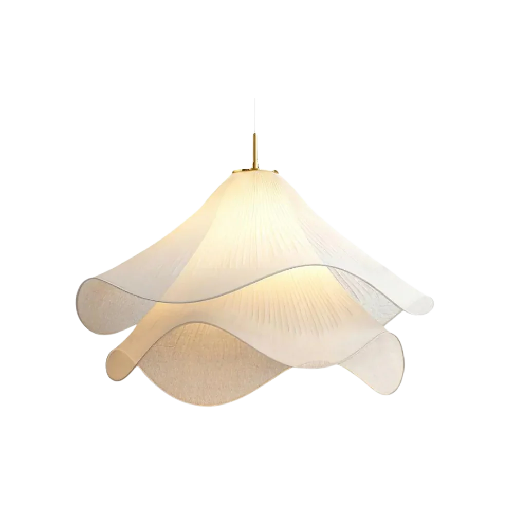 Modern white fabric flower LED pendant light with elegant design, soft glow, ideal for chic interiors, adjustable length.