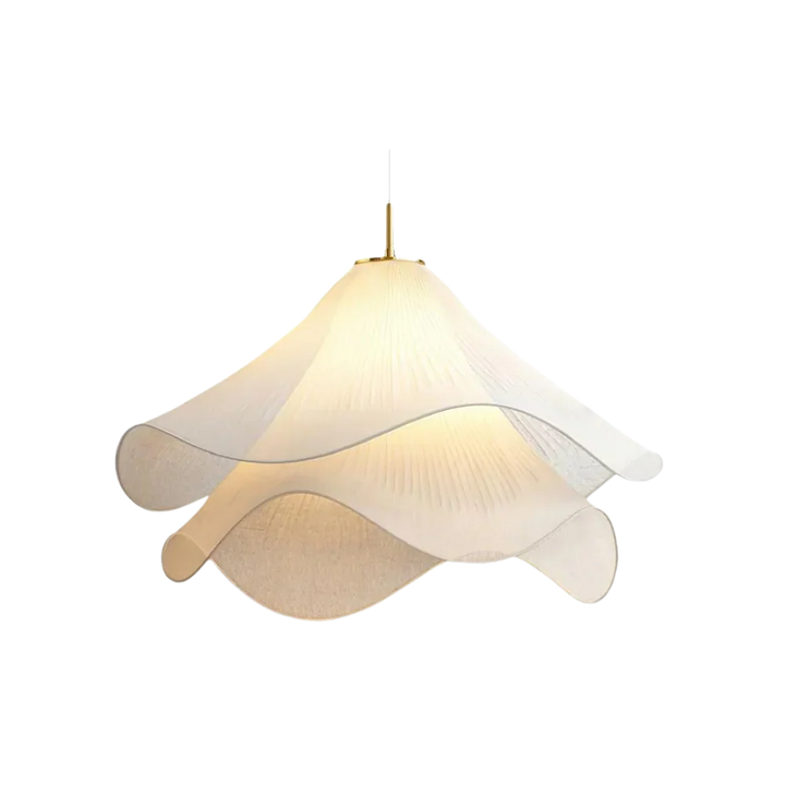 Modern white fabric flower LED pendant light with elegant design, soft glow, ideal for chic interiors, adjustable length.