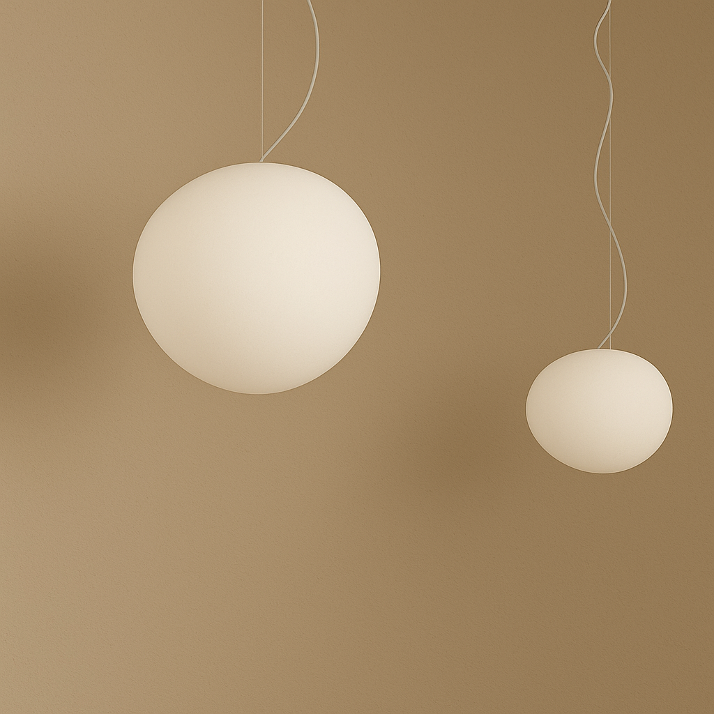 "Modern white glass globe pendant light, spherical design, elegant home decor, warm glow, perfect for living and dining areas