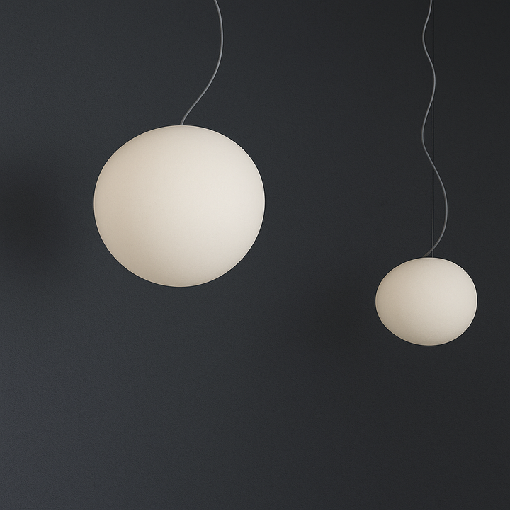 "Modern white glass globe pendant light, spherical design, elegant home decor, warm glow, perfect for living and dining areas