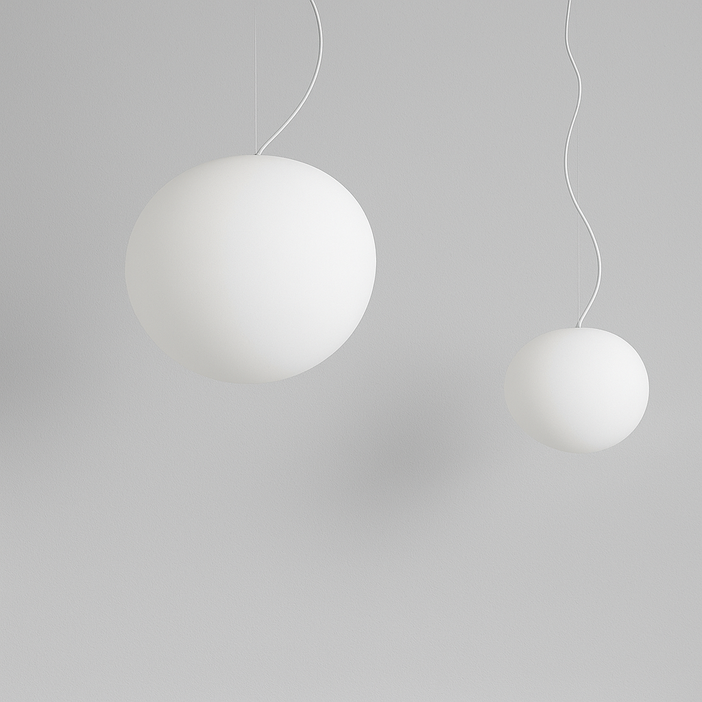 "Modern white glass globe pendant light, spherical design, elegant home decor, warm glow, perfect for living and dining areas