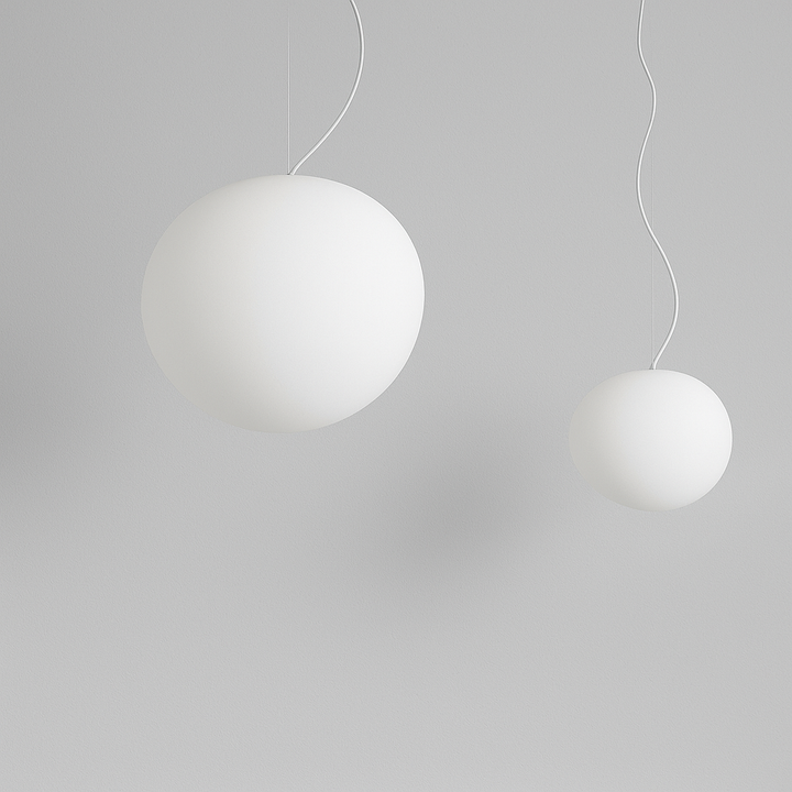 "Modern white glass globe pendant light, spherical design, elegant home decor, warm glow, perfect for living and dining areas