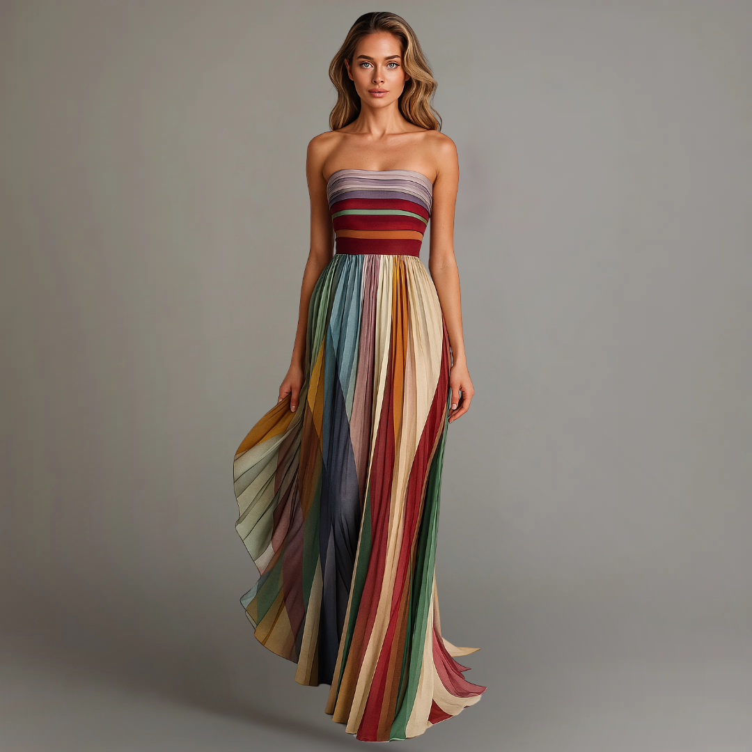 Multicolor strapless bohemian pleated maxi dress for women, perfect for summer beach vacations.