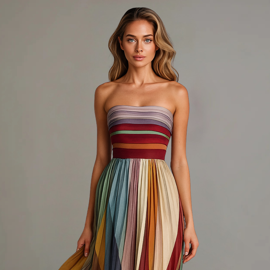 Women's vibrant bohemian pleated maxi dress, strapless & flowing, ideal for summer parties & beachwear.