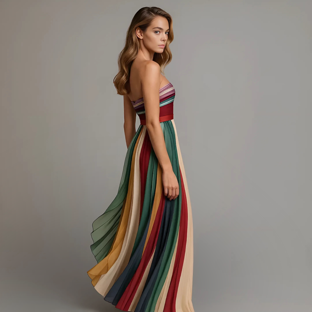 Stylish multicolor strapless women's maxi dress with bohemian print & elegant pleats, great for vacations.