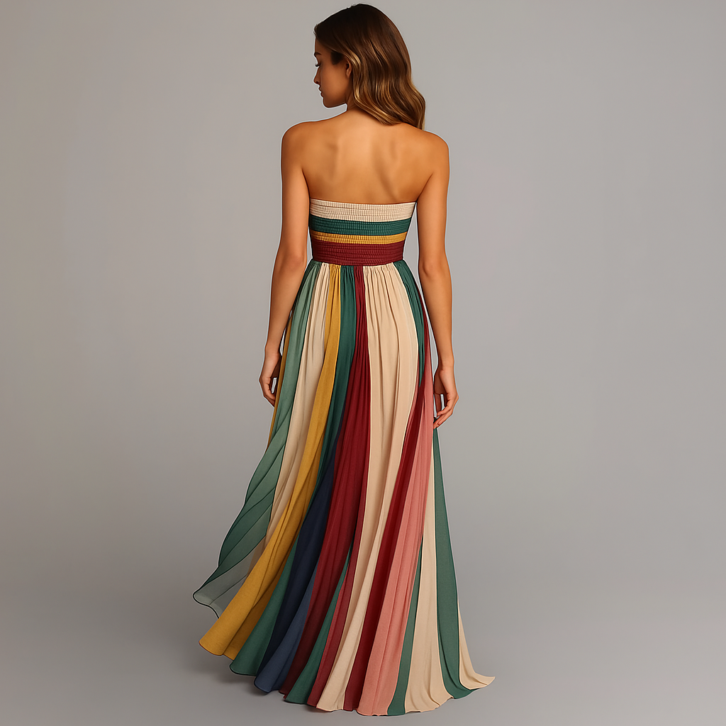 Elegant women's strapless maxi dress featuring a beautiful multicolor bohemian print and flowing pleats. Summer ready.