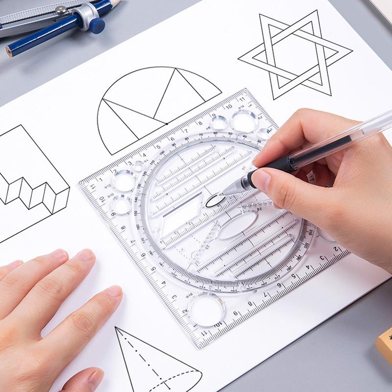 Multifunctional Geometric Drawing Ruler, clear plastic with protractor & stencils for students & artists