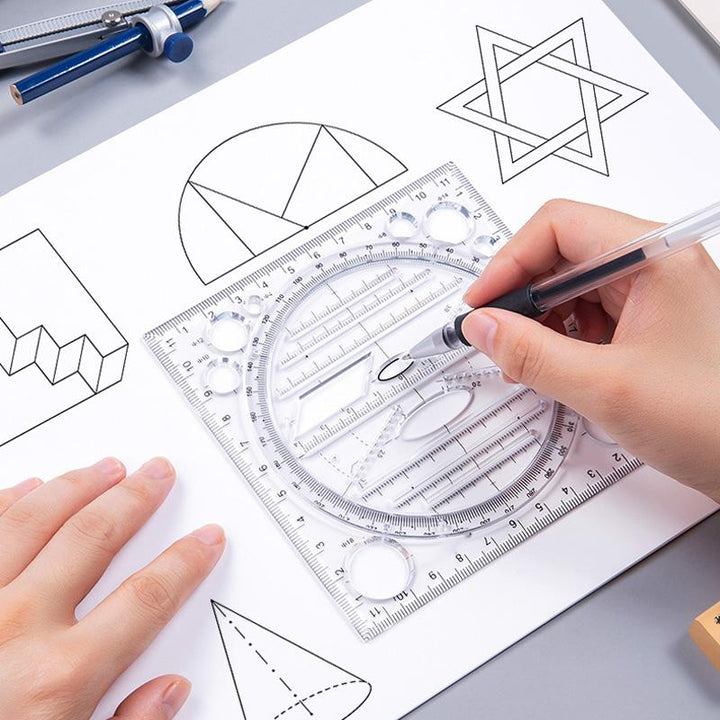 Multifunctional Geometric Drawing Ruler, clear plastic with protractor & stencils for students & artists