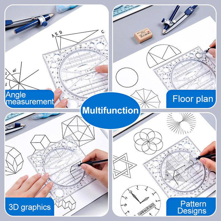 Precise Geometric Drawing Ruler, featuring protractor and various shapes for accurate measurements