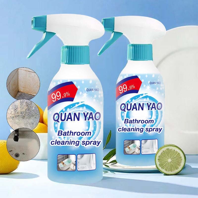 Kit contents: two cleaning sprays, a scrub brush, and a cloth, for comprehensive bathroom cleaning.