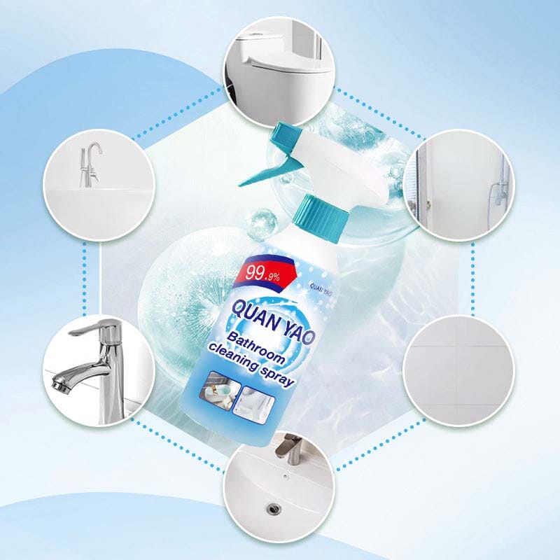 Close-up of a multipurpose bathroom cleaning spray bottle, labeled 'limescale remover & disinfectant'.