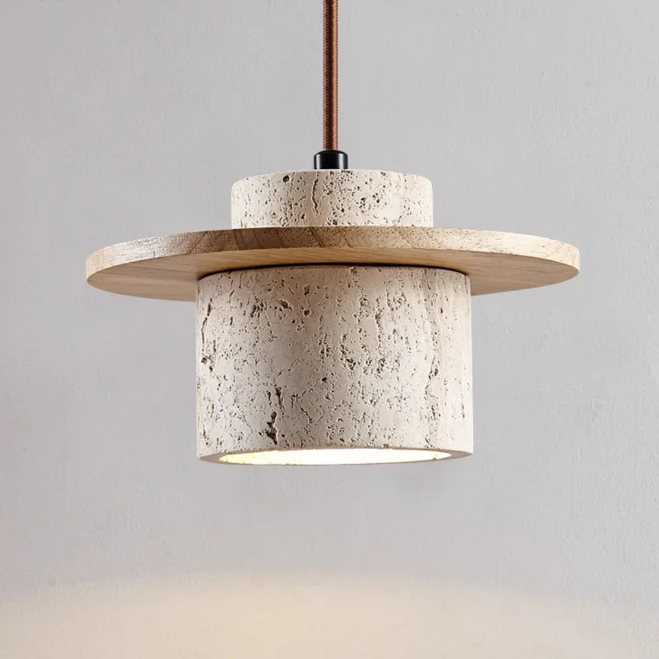 "Natural travertine stone and wood ceiling light with LED bulb, showcasing warm tones and rustic, elegant design for interior