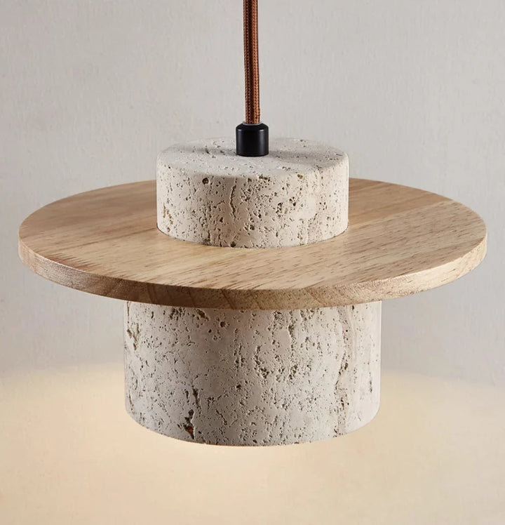 "Natural travertine stone and wood ceiling light with LED bulb, showcasing warm tones and rustic, elegant design for interior