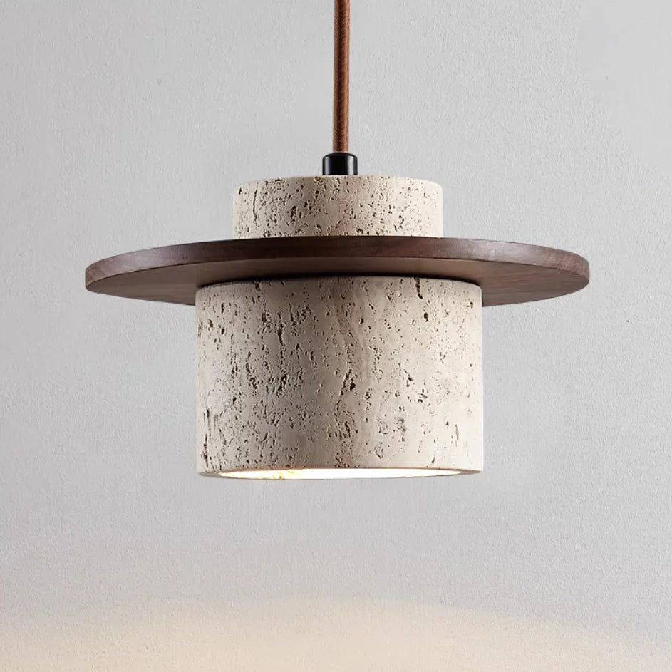 "Natural travertine stone and wood ceiling light with LED bulb, showcasing warm tones and rustic, elegant design for interior