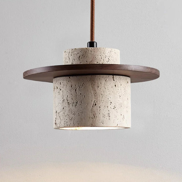 "Natural travertine stone and wood ceiling light with LED bulb, showcasing warm tones and rustic, elegant design for interior