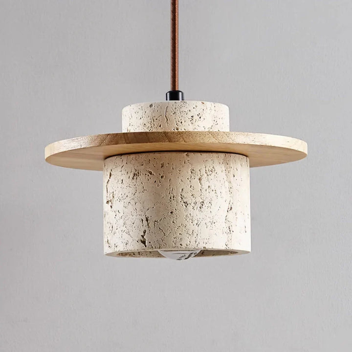 "Natural travertine stone and wood ceiling light with LED bulb, showcasing warm tones and rustic, elegant design for interior