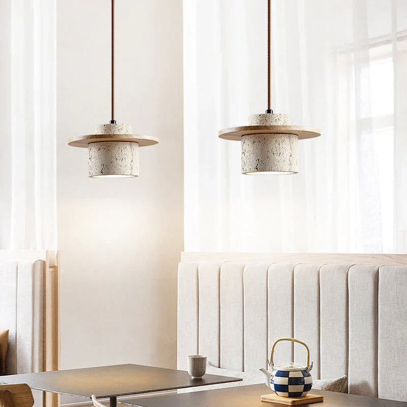 "Natural travertine stone and wood ceiling light with LED bulb, showcasing warm tones and rustic, elegant design for interior