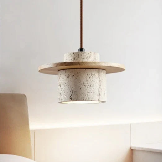 "Natural travertine stone and wood ceiling light with LED bulb, showcasing warm tones and rustic, elegant design for interior