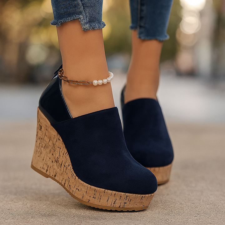 Navy blue orthopedic wedge loafers for women, comfortable slip-on style, casual footwear