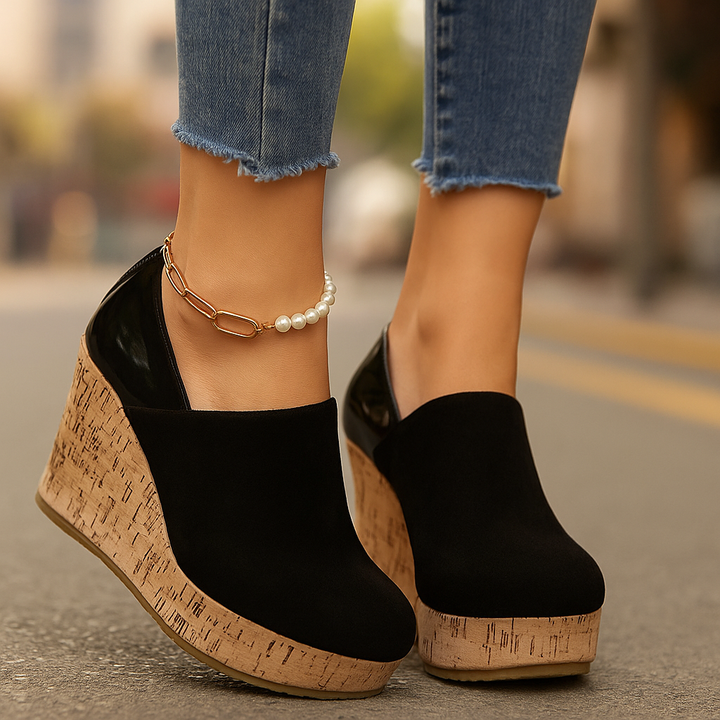 Deep black women's orthopedic wedge loafers, comfortable slip-on shoes, casual footwear