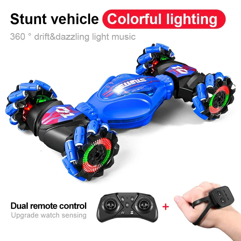 Dual control RC stunt car for boys & girls, featuring responsive gesture sensing & eye-catching LED illumination.