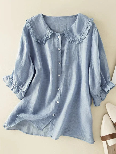 Elegant new women's shirt featuring a classic Peter Pan collar & delicate ruffle neck, designed for versatile daily wear.