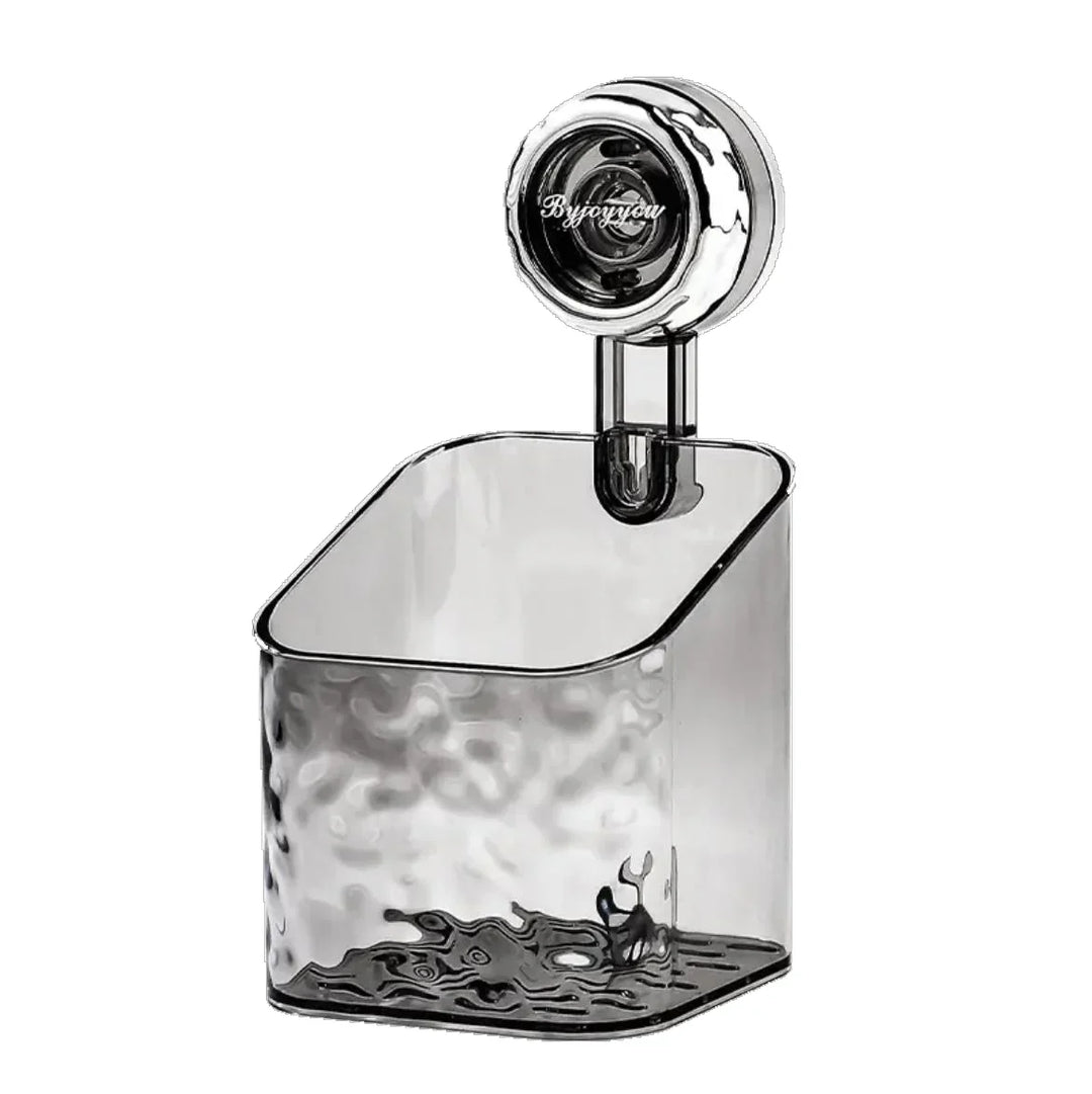 "No-drill wall storage with strong suction cups; transparent, holds heavy items securely, sleek design for bathroom use."