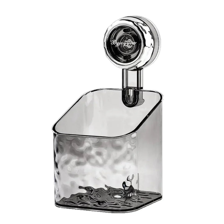 "No-drill wall storage with strong suction cups; transparent, holds heavy items securely, sleek design for bathroom use."
