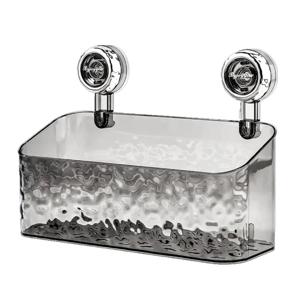 "No-drill wall storage with strong suction cups; transparent, holds heavy items securely, sleek design for bathroom use."