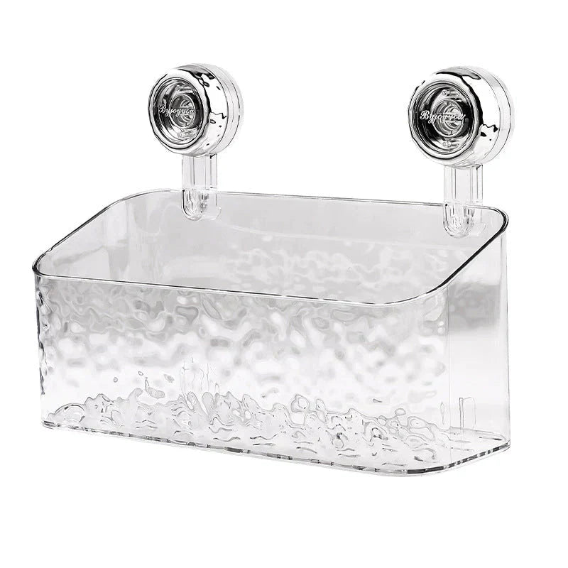 "No-drill wall storage with strong suction cups; transparent, holds heavy items securely, sleek design for bathroom use."