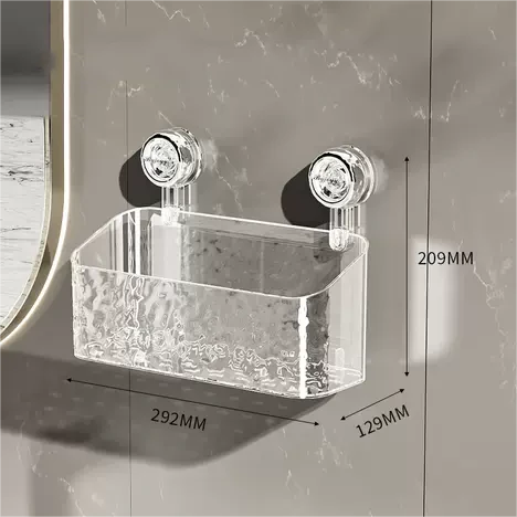 "No-drill wall storage with strong suction cups; transparent, holds heavy items securely, sleek design for bathroom use."