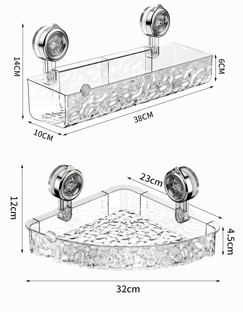 "No-drill wall storage with strong suction cups; transparent, holds heavy items securely, sleek design for bathroom use."