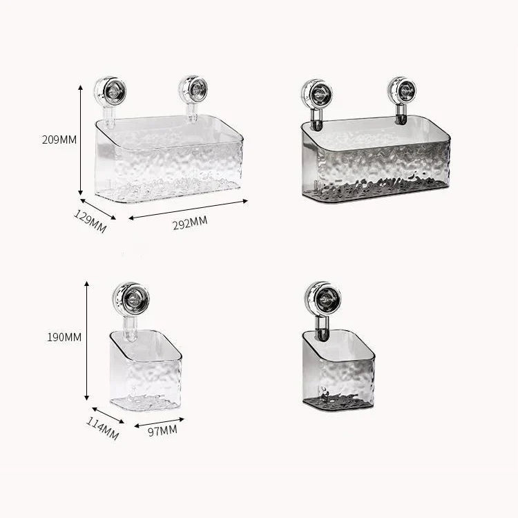 "No-drill wall storage with strong suction cups; transparent, holds heavy items securely, sleek design for bathroom use."