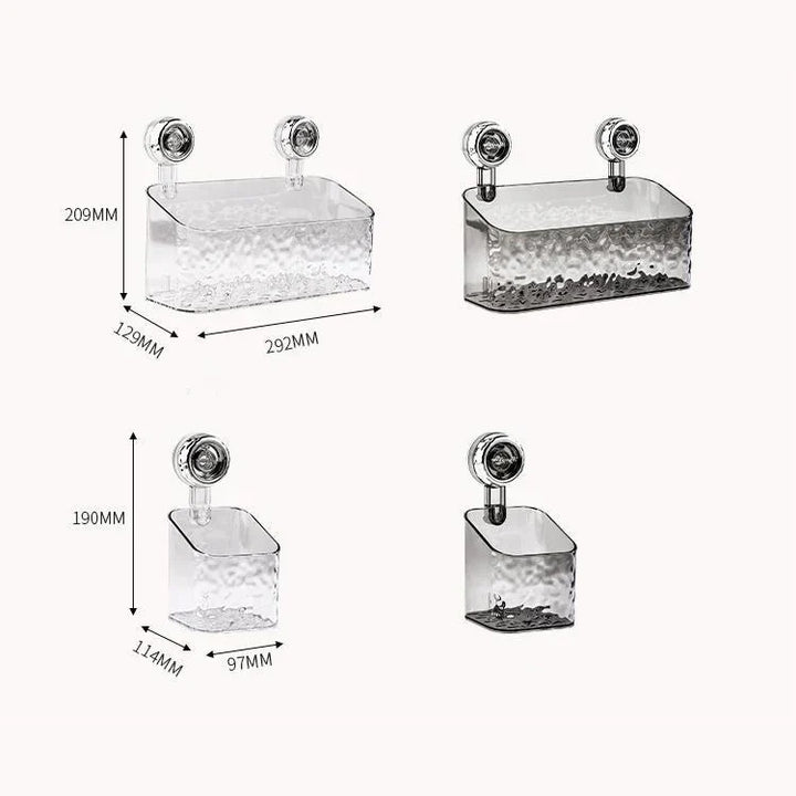 "No-drill wall storage with strong suction cups; transparent, holds heavy items securely, sleek design for bathroom use."