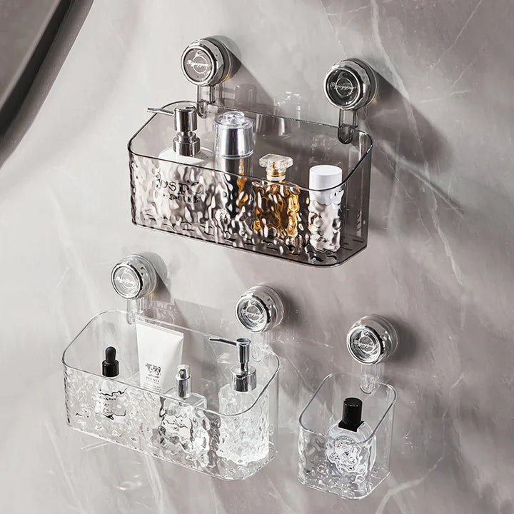 "No-drill wall storage with strong suction cups; transparent, holds heavy items securely, sleek design for bathroom use."