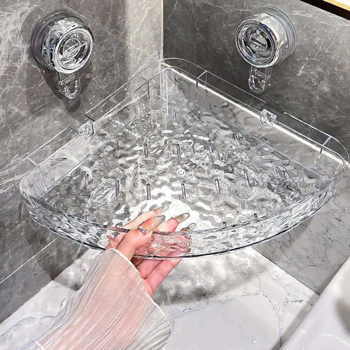 "No-drill wall storage with strong suction cups; transparent, holds heavy items securely, sleek design for bathroom use."