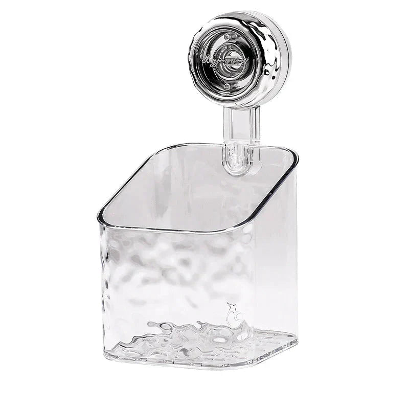 "No-drill wall storage with strong suction cups; transparent, holds heavy items securely, sleek design for bathroom use."
