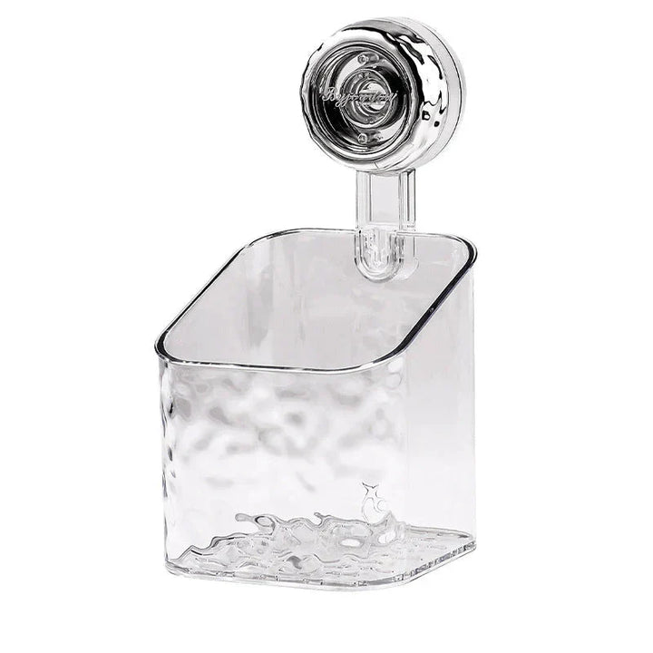 "No-drill wall storage with strong suction cups; transparent, holds heavy items securely, sleek design for bathroom use."